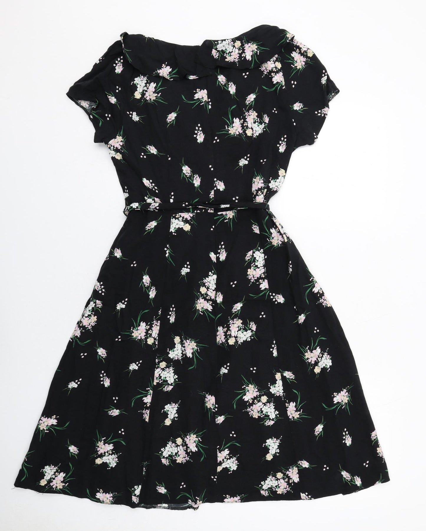 M&Co Womens Black Floral Viscose Fit & Flare Size 12 V-Neck Zip