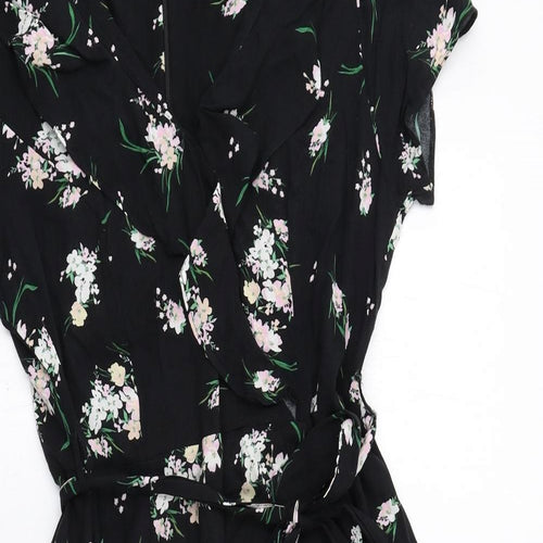 M&Co Womens Black Floral Viscose Fit & Flare Size 12 V-Neck Zip