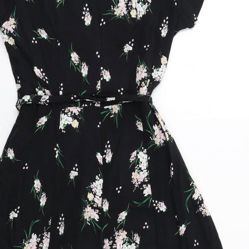 M&Co Womens Black Floral Viscose Fit & Flare Size 12 V-Neck Zip
