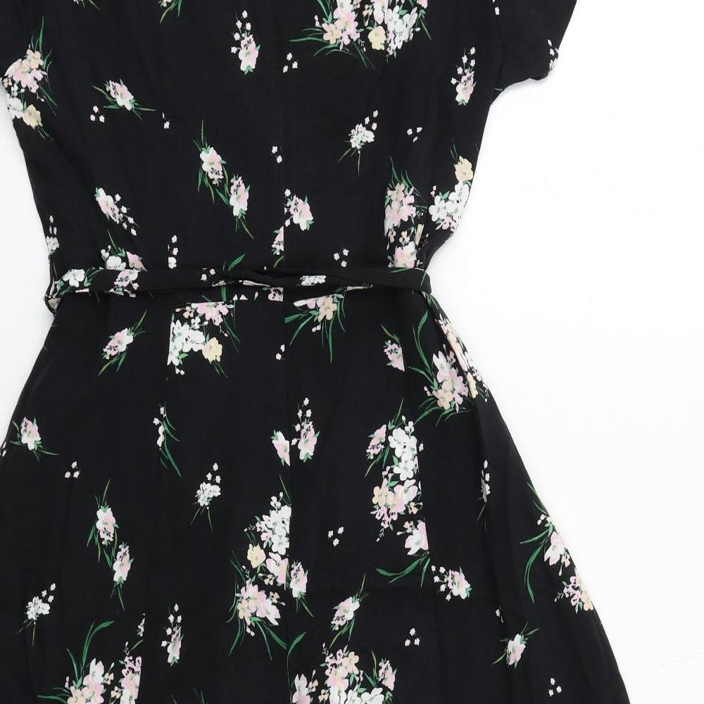 M&Co Womens Black Floral Viscose Fit & Flare Size 12 V-Neck Zip