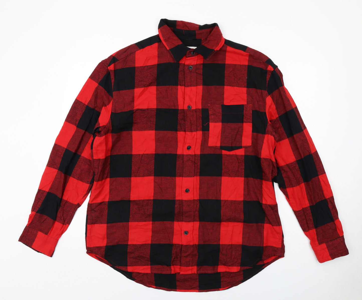 H&M Mens Red Check Cotton Button-Up Size L Collared Button