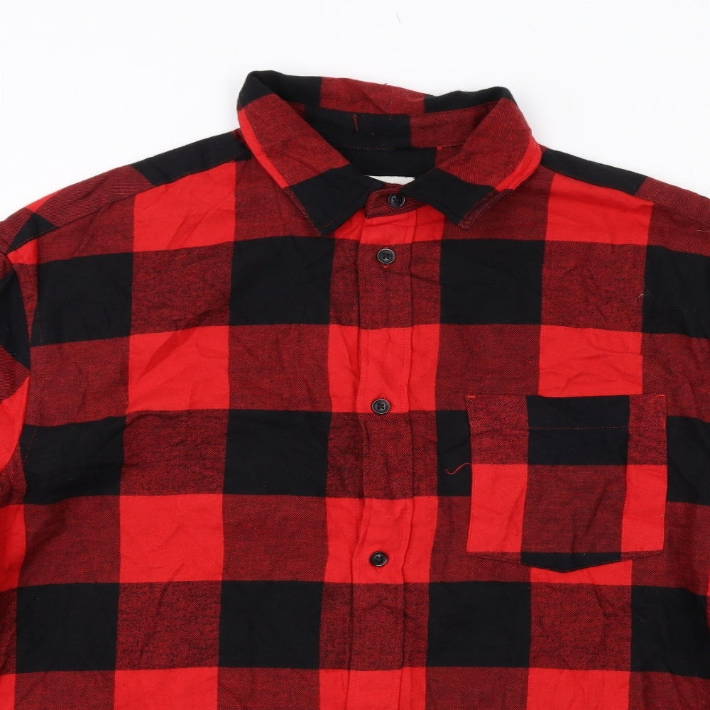 H&M Mens Red Check Cotton Button-Up Size L Collared Button