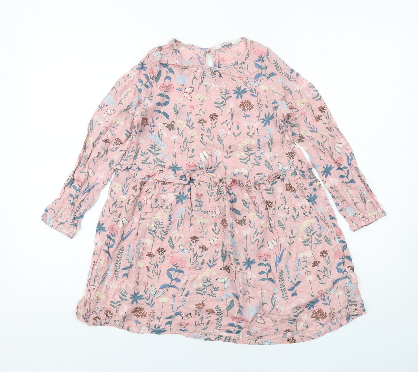 H&M Girls Pink Geometric Modal A-Line Size 8-9 Years Round Neck Button - Butterfly and Flowers