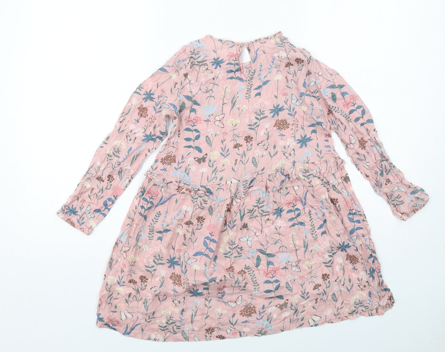 H&M Girls Pink Geometric Modal A-Line Size 8-9 Years Round Neck Button - Butterfly and Flowers