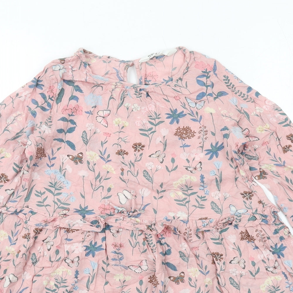 H&M Girls Pink Geometric Modal A-Line Size 8-9 Years Round Neck Button - Butterfly and Flowers
