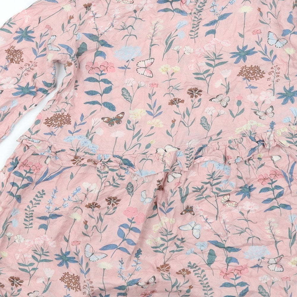 H&M Girls Pink Geometric Modal A-Line Size 8-9 Years Round Neck Button - Butterfly and Flowers