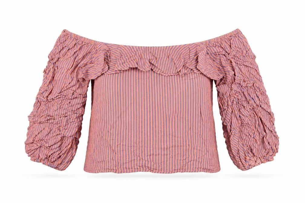 Front view of Sweewë women’s orange striped viscose basic blouse, size S, boat neck