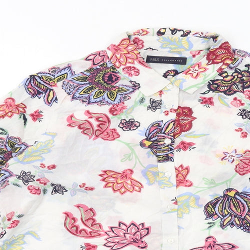 Marks and Spencer Womens White Floral Modal Basic Button-Up Size 12 Collared