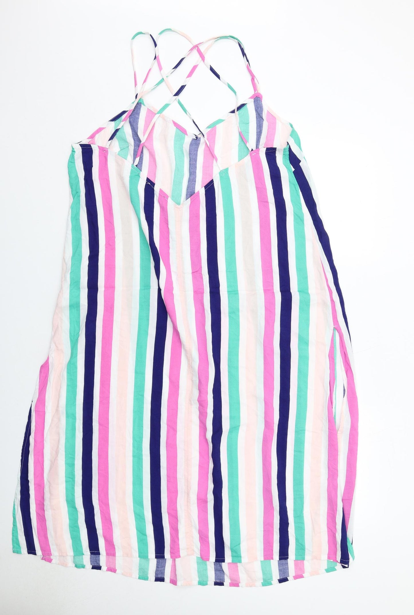Marks and Spencer Womens Multicoloured Striped Viscose Slip Dress Size 16 V-Neck Pullover