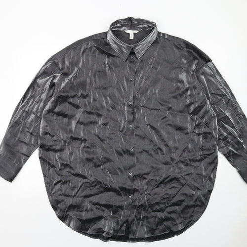 H&M Womens Silver Viscose Basic Button-Up Size L Collared