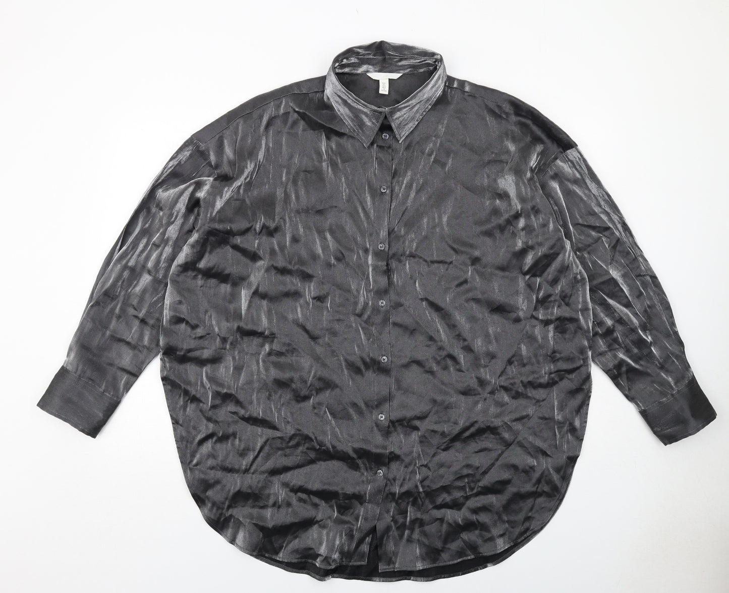 H&M Womens Silver Viscose Basic Button-Up Size L Collared