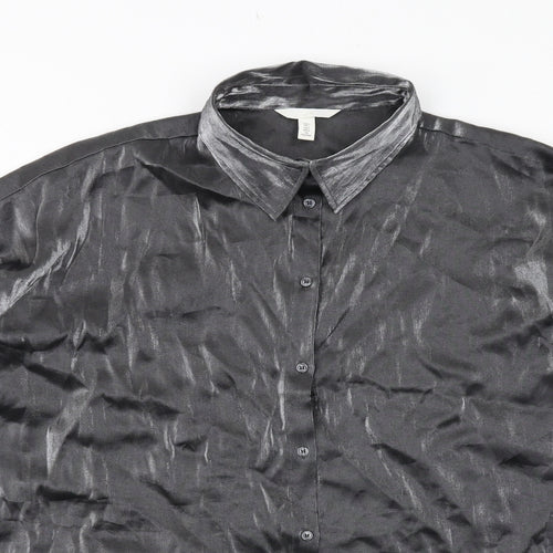 H&M Womens Silver Viscose Basic Button-Up Size L Collared