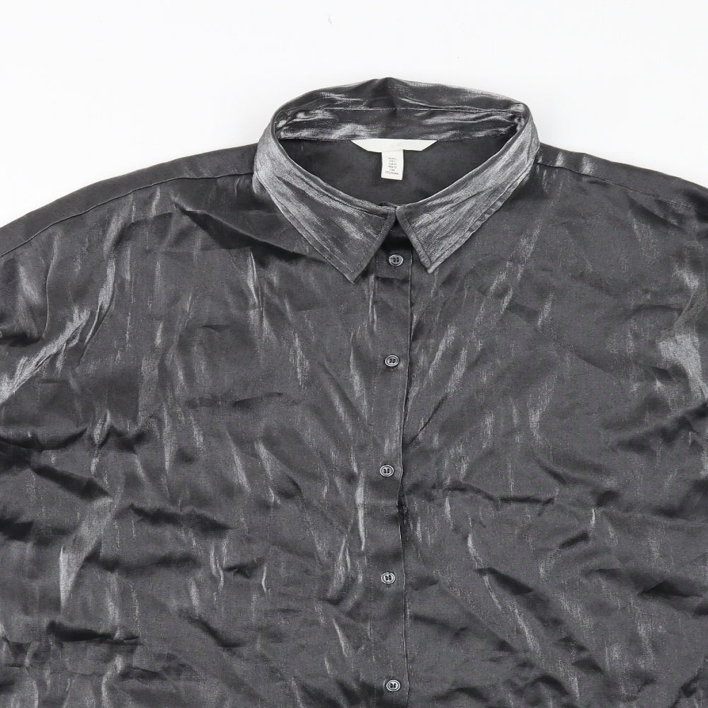 H&M Womens Silver Viscose Basic Button-Up Size L Collared