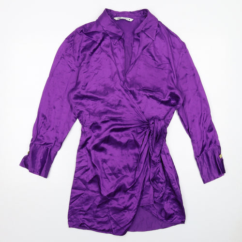 Zara Womens Purple Viscose Wrap Dress Size M Collared Tie