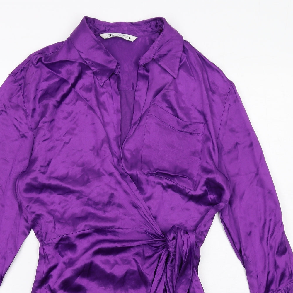 Zara Womens Purple Viscose Wrap Dress Size M Collared Tie