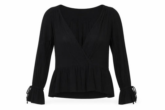 Front view of ASOS women’s black viscose basic blouse, size UK 6, v-neck