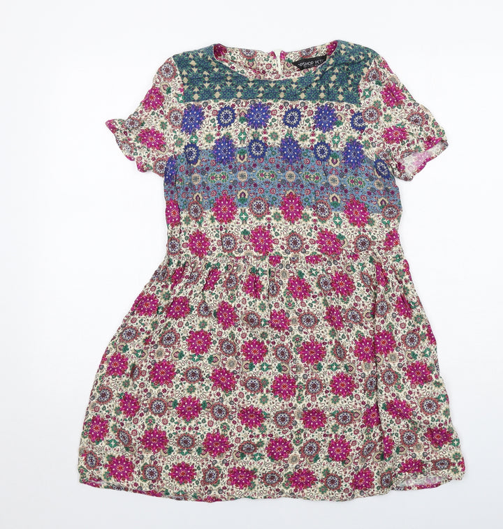 Topshop Womens Multicoloured Floral Viscose A-Line Size 8 Round Neck Zip