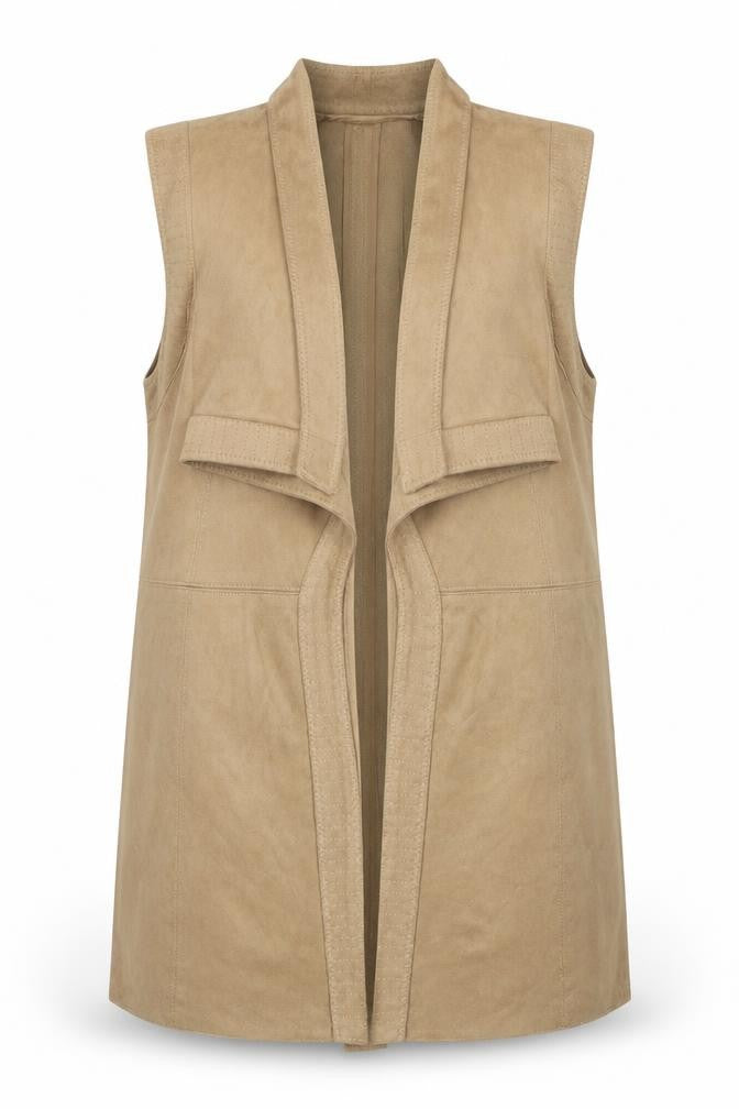 Front view of Dalia women’s brown jacket waistcoat, size UK 14, - suede effect