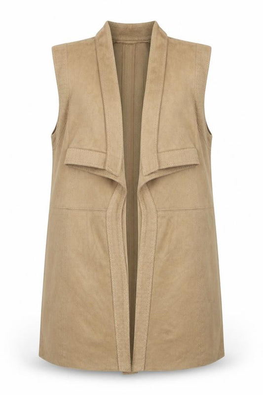 Front view of Dalia women’s brown jacket waistcoat, size UK 14, - suede effect