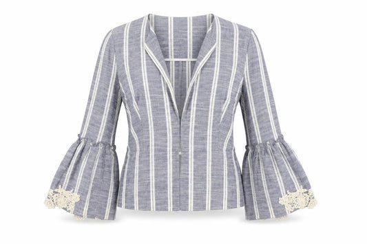 Front view of Zara women’s blue striped jacket blazer, size XS, - crocheted lace detail