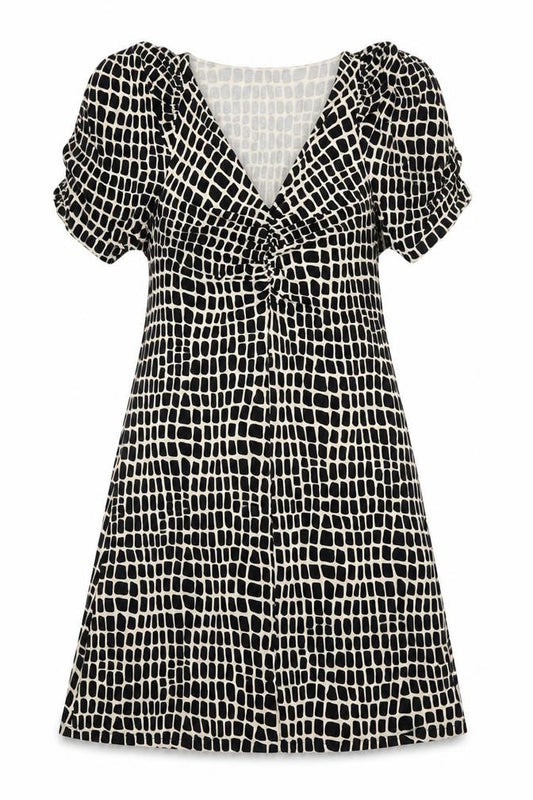 Front view of Next women’s black geometric viscose a-line, size UK 10, v-neck pullover