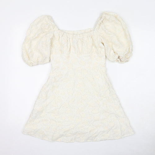 Zara Womens Ivory Geometric Viscose A-Line Size XS Off the Shoulder Zip