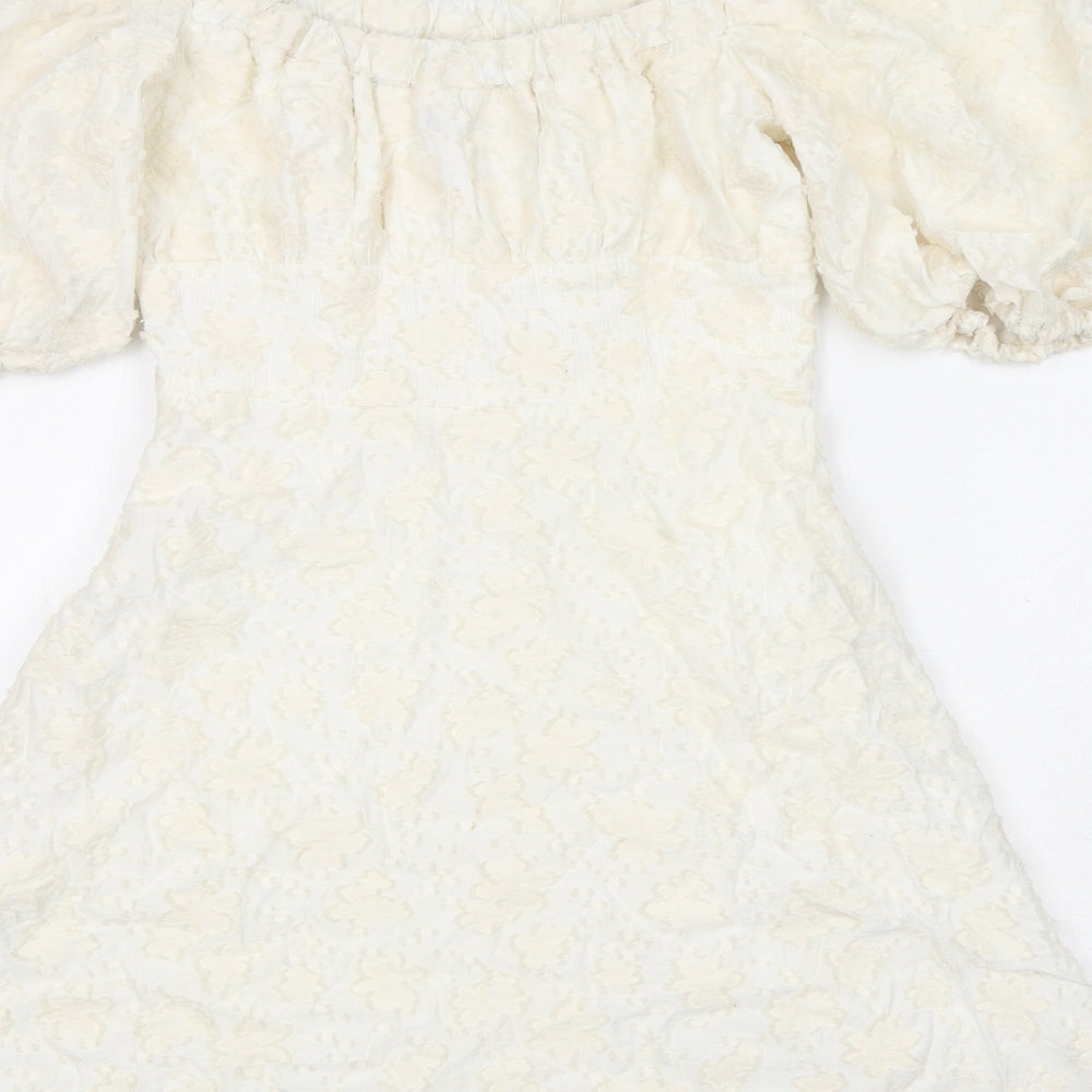 Zara Womens Ivory Geometric Viscose A-Line Size XS Off the Shoulder Zip