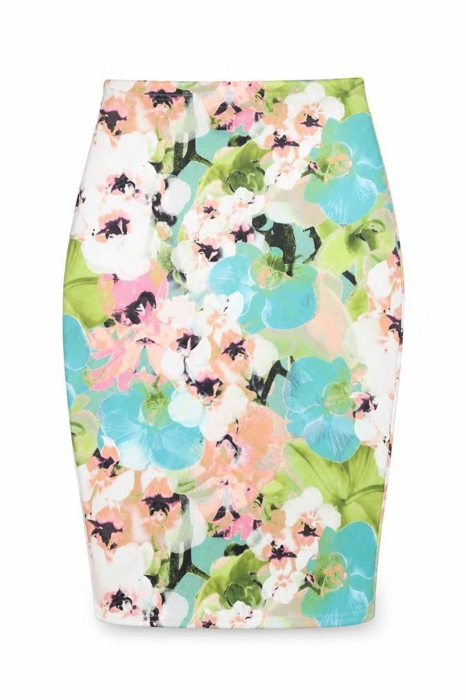 Front view of Missguided women’s multicoloured floral polyester bandage skirt, size UK 12