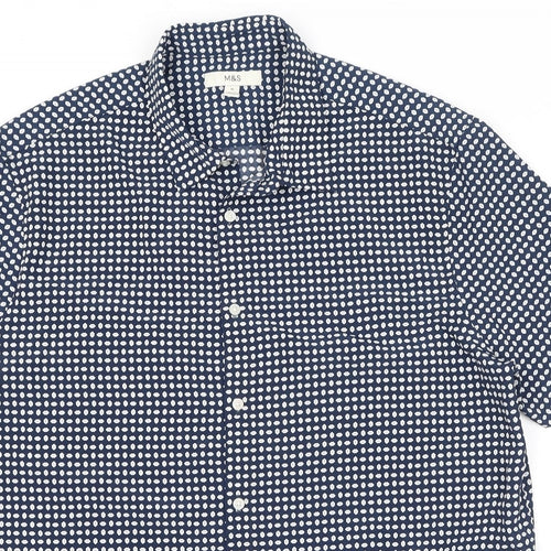 Marks and Spencer Mens Blue Geometric Polyester Button-Up Size XL Collared Button