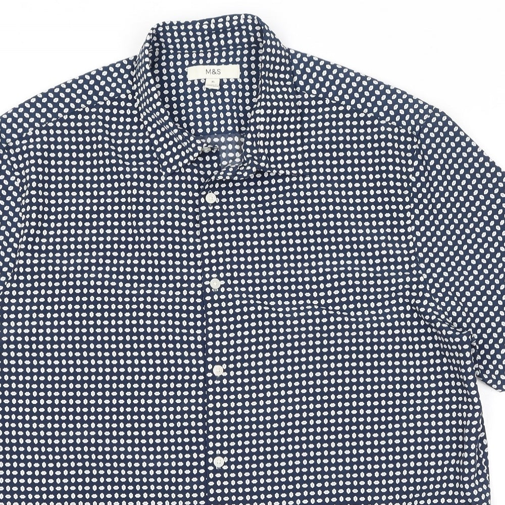 Marks and Spencer Mens Blue Geometric Polyester Button-Up Size XL Collared Button
