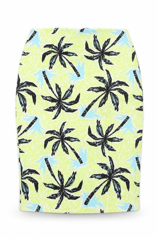 Front view of Missguided women’s green geometric polyester bandage skirt, size UK 12, - palm tree pattern