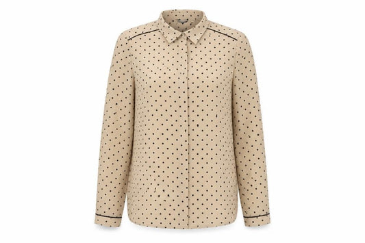 Front view of Wardrobe women’s beige polka dot polyester basic button-up, size XS, collared