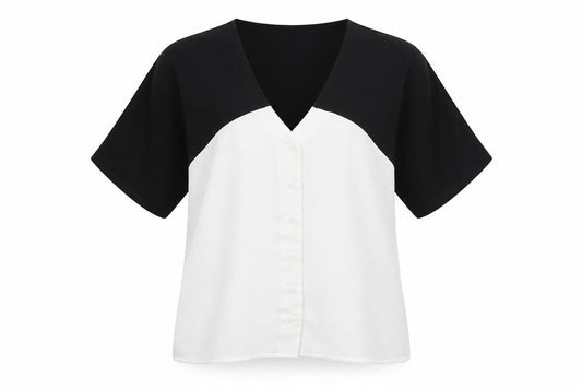 Front view of ASOS women’s black colourblock polyester basic button-up, size UK 8, v-neck