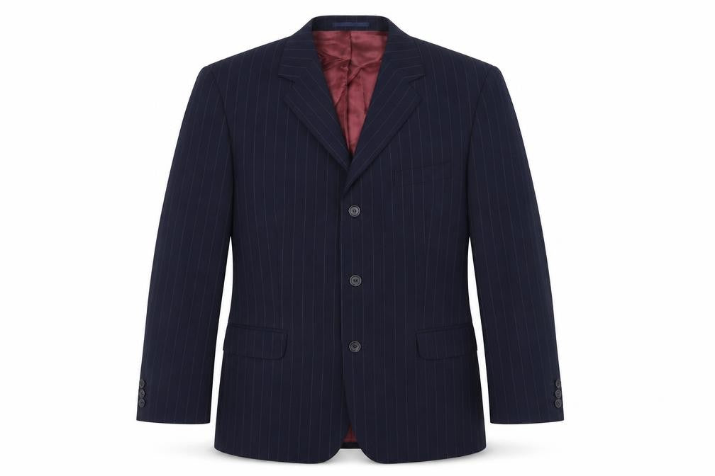 Front view of Brook Taverner men’s blue striped wool jacket suit jacket, size 40, regular