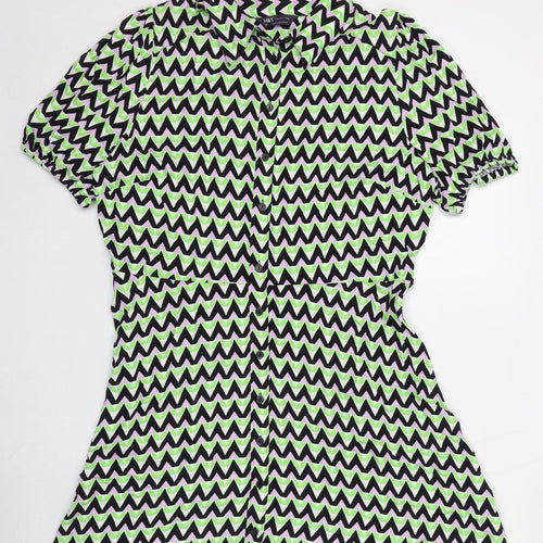 Marks and Spencer Womens Green Geometric Viscose Shirt Dress Size 16 Collared Button
