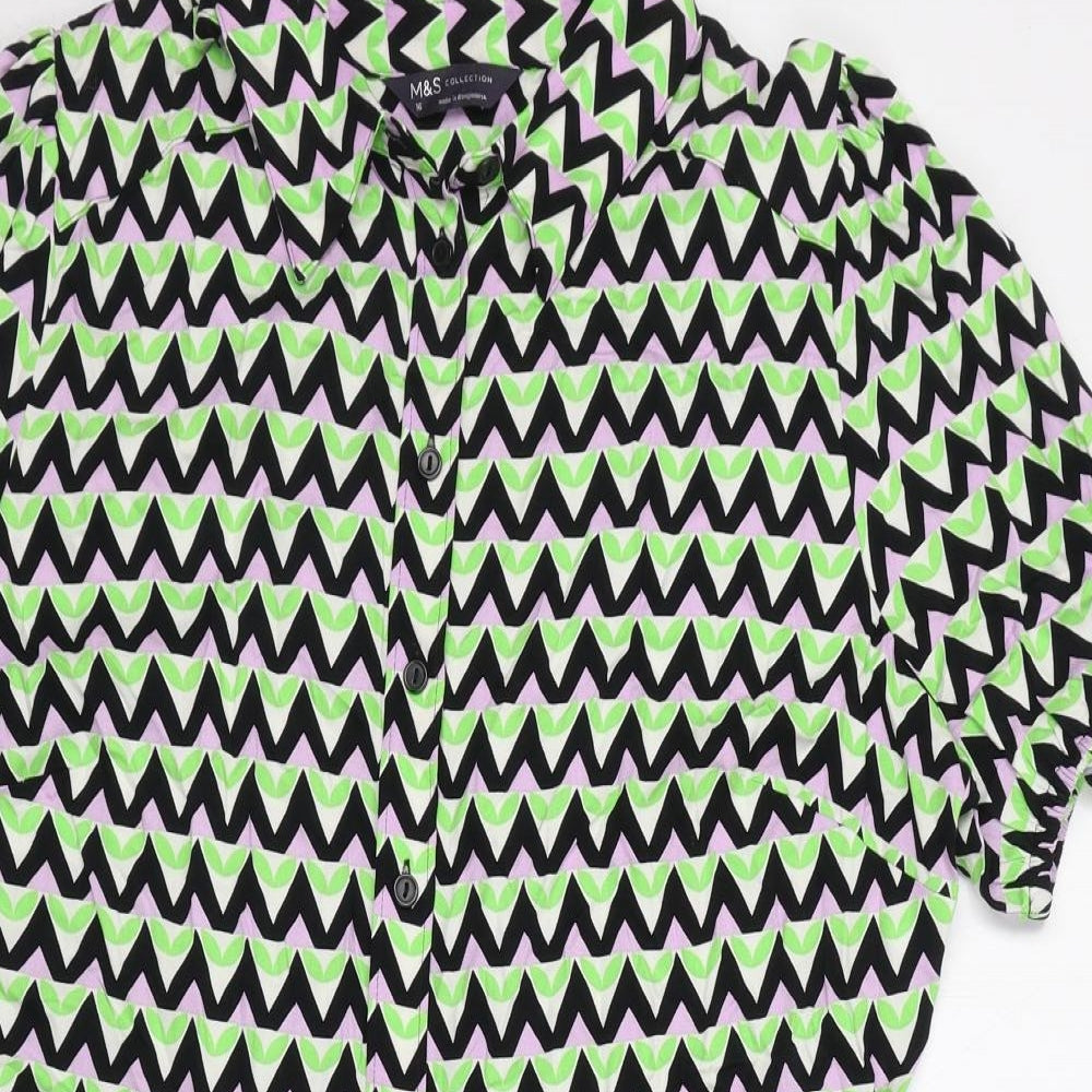 Marks and Spencer Womens Green Geometric Viscose Shirt Dress Size 16 Collared Button
