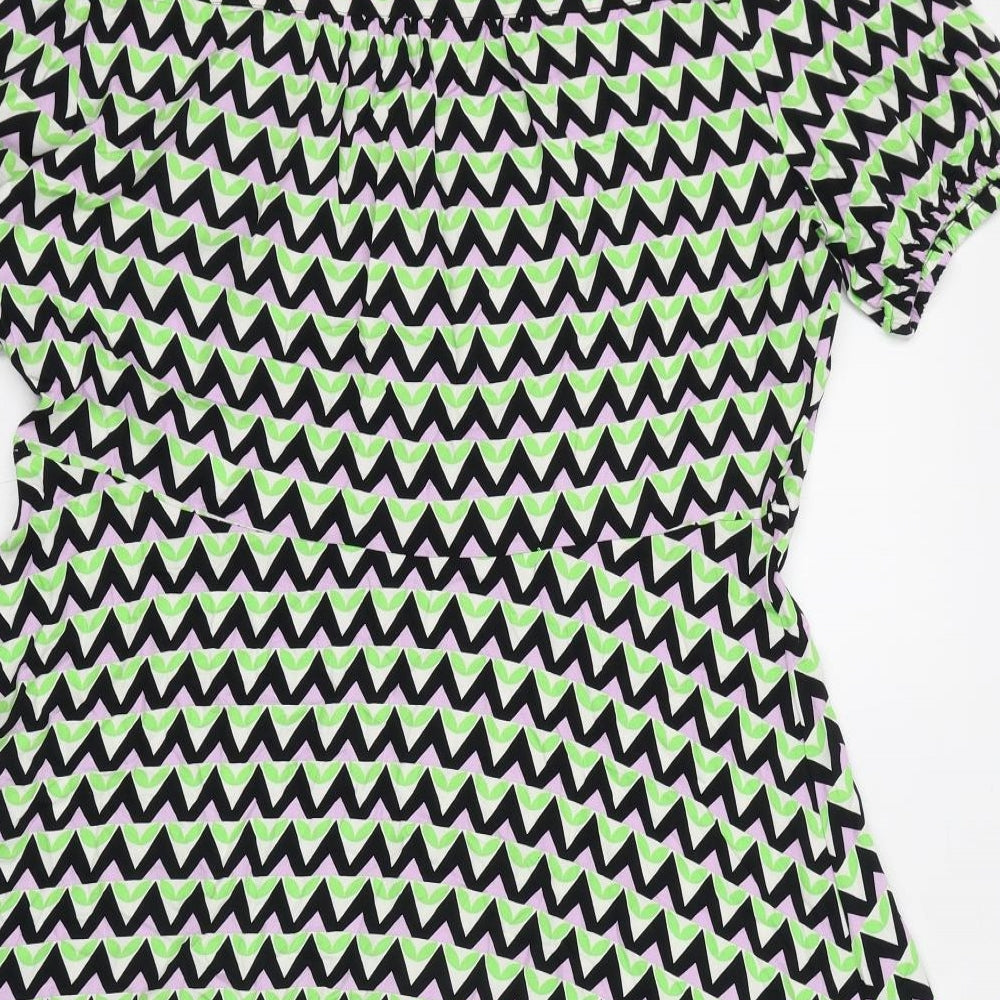 Marks and Spencer Womens Green Geometric Viscose Shirt Dress Size 16 Collared Button