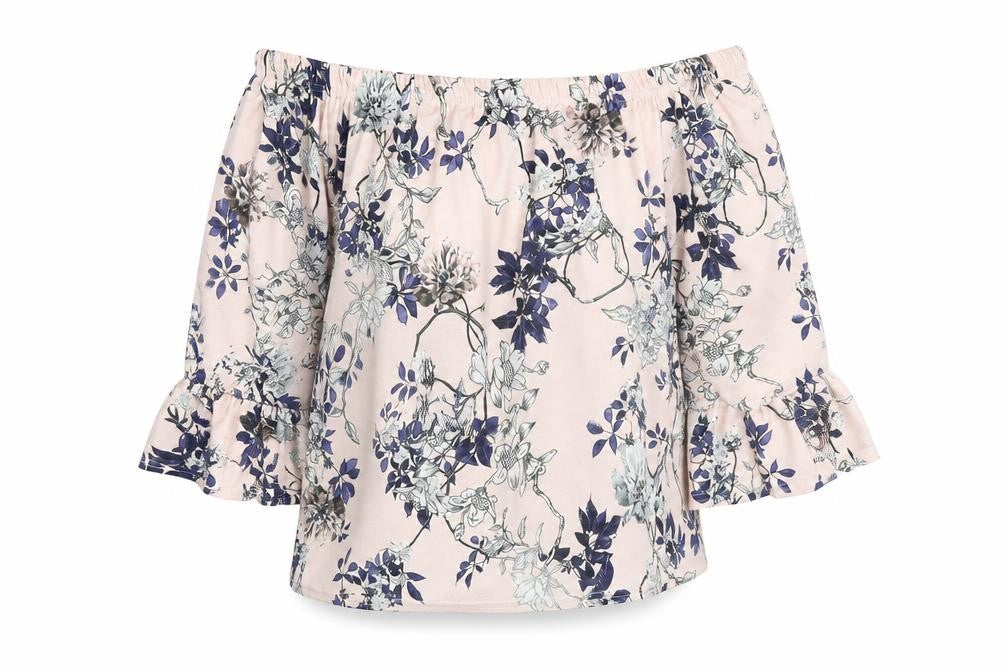 Front view of Glamour Babe women’s pink floral polyester basic blouse, size S, off the shoulder