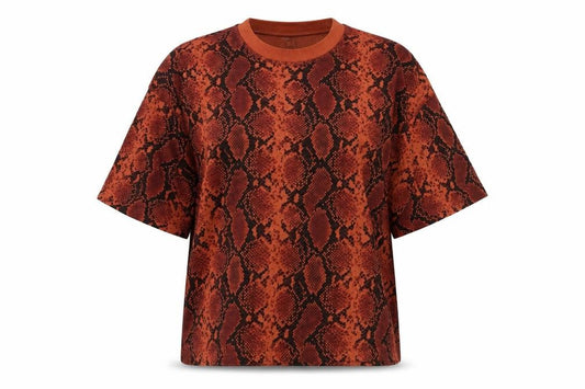 Front view of Topshop women’s red animal print 100% cotton basic t-shirt, size S, crew neck - snake print