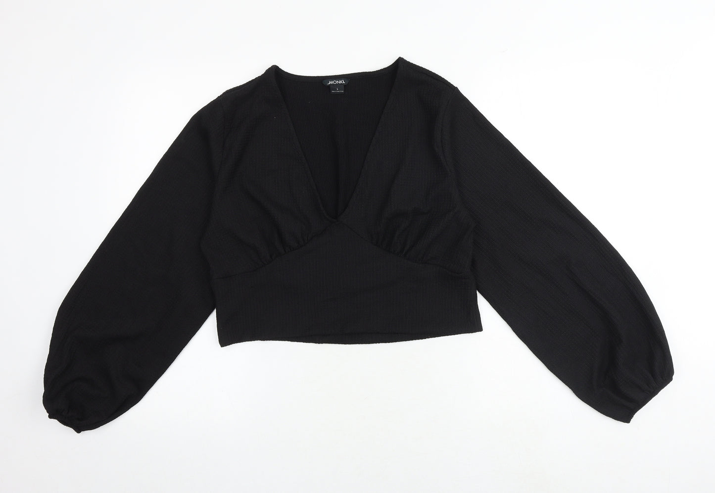 Monki Womens Black Polyester Cropped Blouse Size L V-Neck - Textured