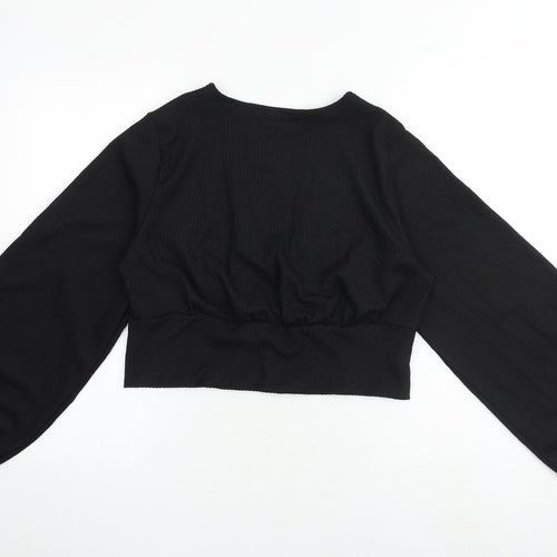 Monki Womens Black Polyester Cropped Blouse Size L V-Neck - Textured