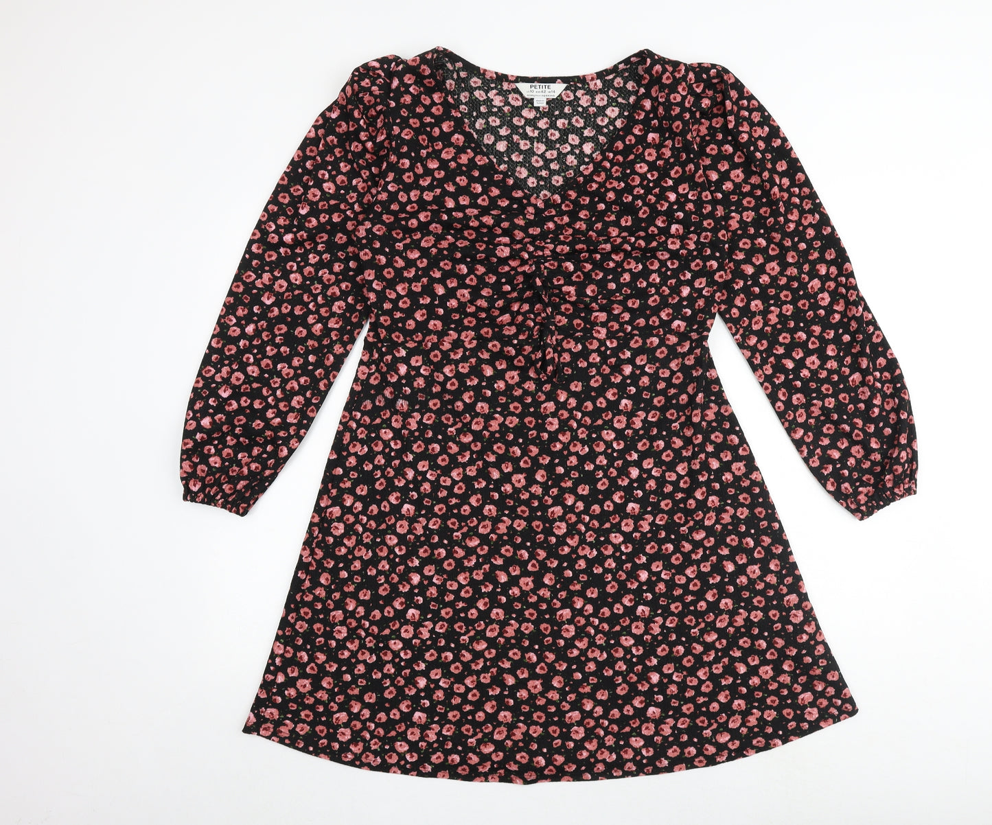 Dorothy Perkins Womens Black Floral Polyester A-Line Size 14 V-Neck Button