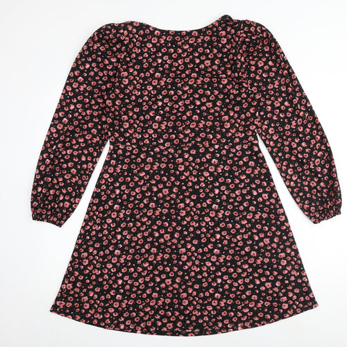 Dorothy Perkins Womens Black Floral Polyester A-Line Size 14 V-Neck Button