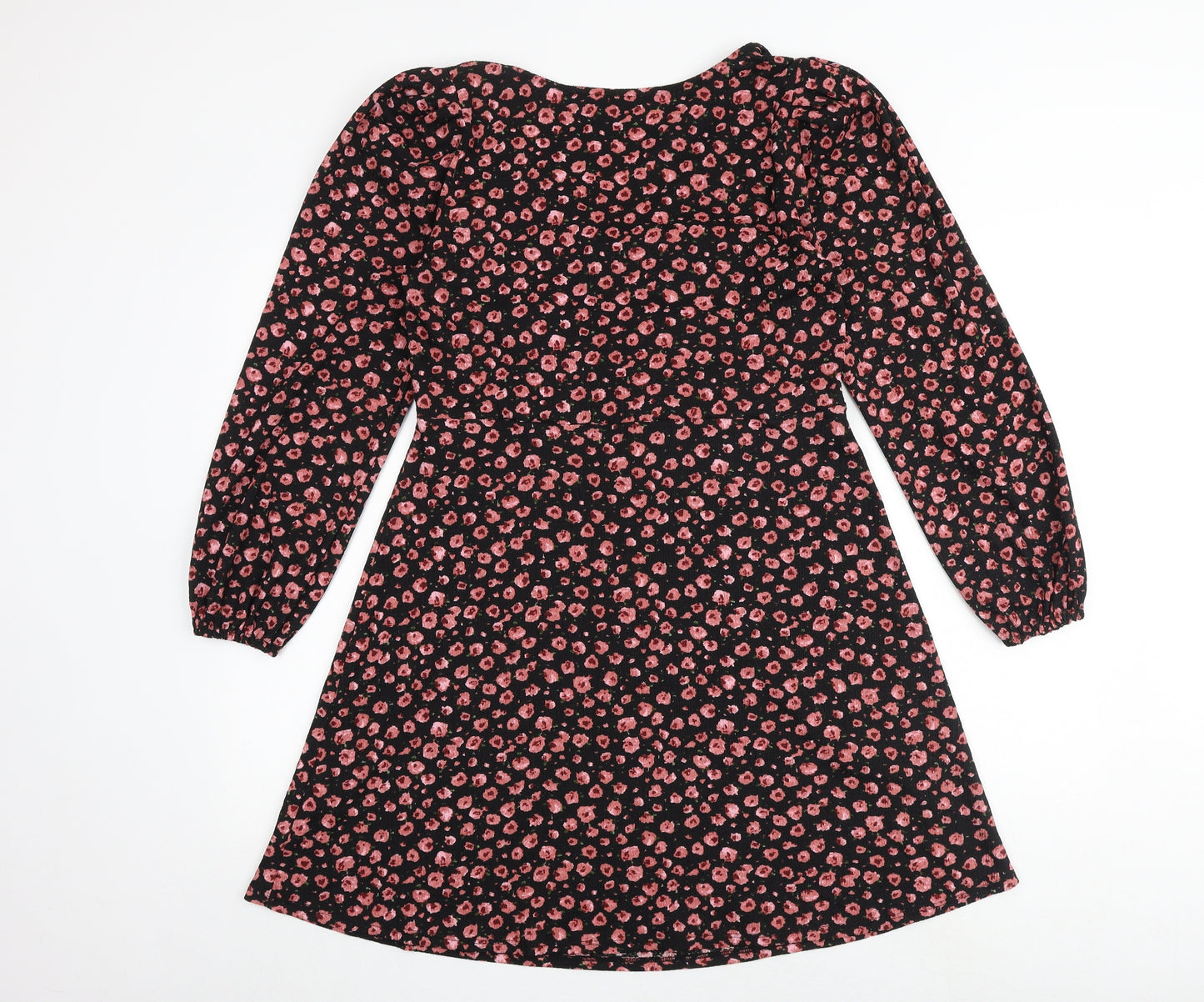 Dorothy Perkins Womens Black Floral Polyester A-Line Size 14 V-Neck Button