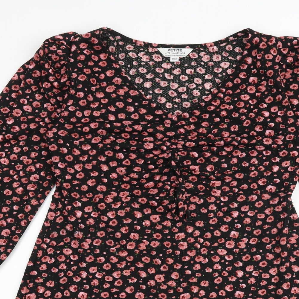 Dorothy Perkins Womens Black Floral Polyester A-Line Size 14 V-Neck Button