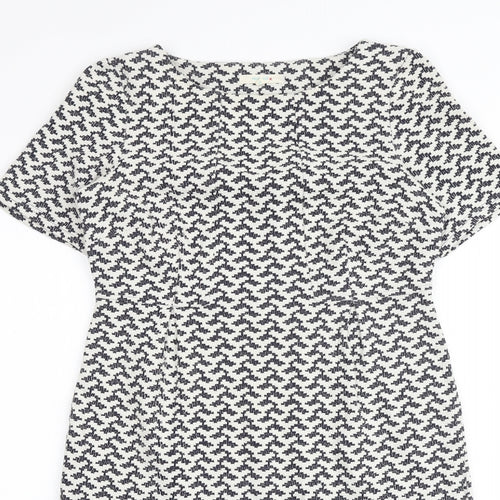 White Stuff Womens White Geometric Cotton Shift Size 10 Round Neck Zip