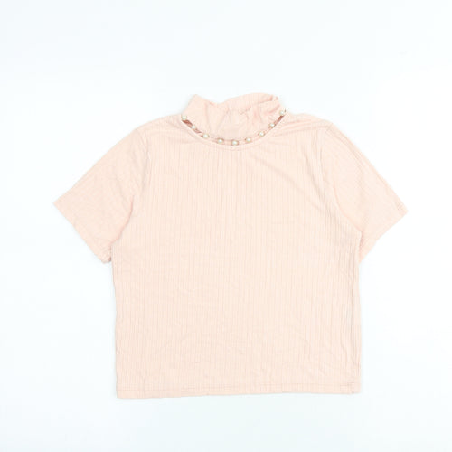 Select Girls Pink Viscose Basic T-Shirt Size 14 Years High Neck Pullover - Pearl Detail Ribbed