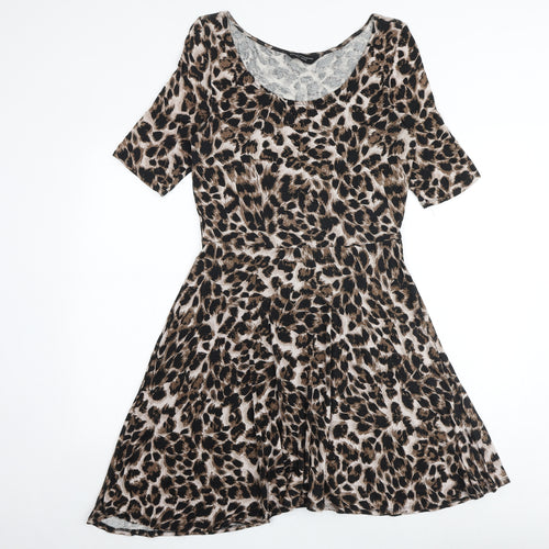 Dorothy Perkins Womens Brown Animal Print Viscose Skater Dress Size 14 Round Neck Pullover - Leopard Print