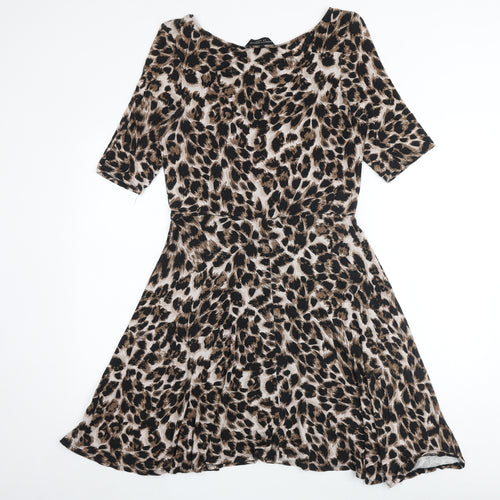 Dorothy Perkins Womens Brown Animal Print Viscose Skater Dress Size 14 Round Neck Pullover - Leopard Print