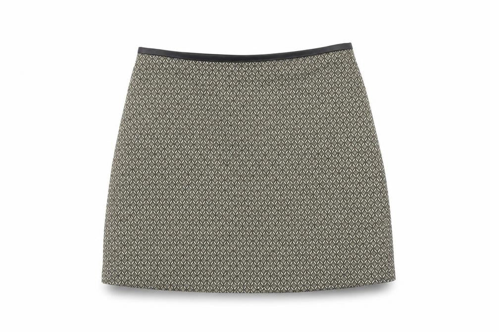 Front view of Oasis women’s gold geometric polyester a-line skirt, size UK 10, zip